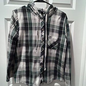 Women's JoeBoxer Green & White Plaid Hooded Shirt in Size Large